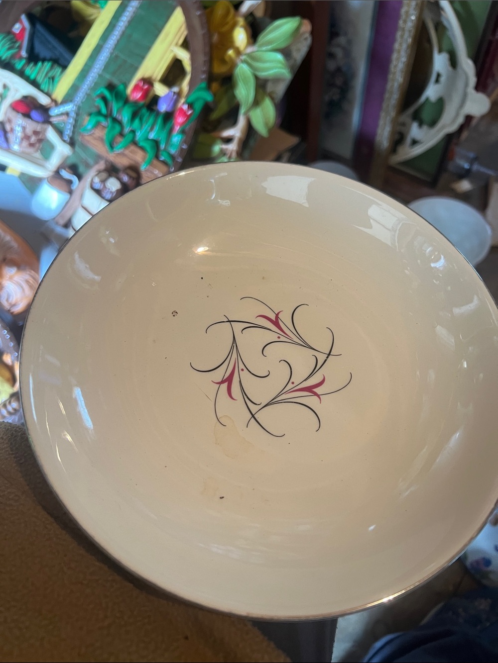 Vintage Decorative Ceramic Bowl in Cream with Pink & Black Floral Motif